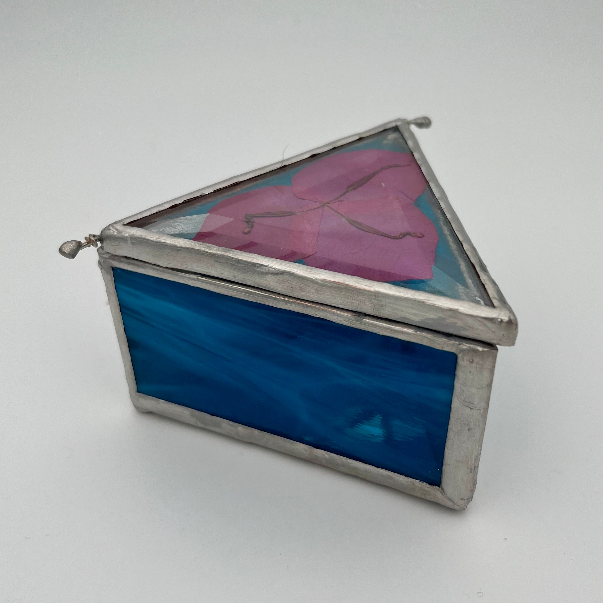 Turquoise Blue and Fuchsia Bouganvillea Stained Glass Jewelry Box
