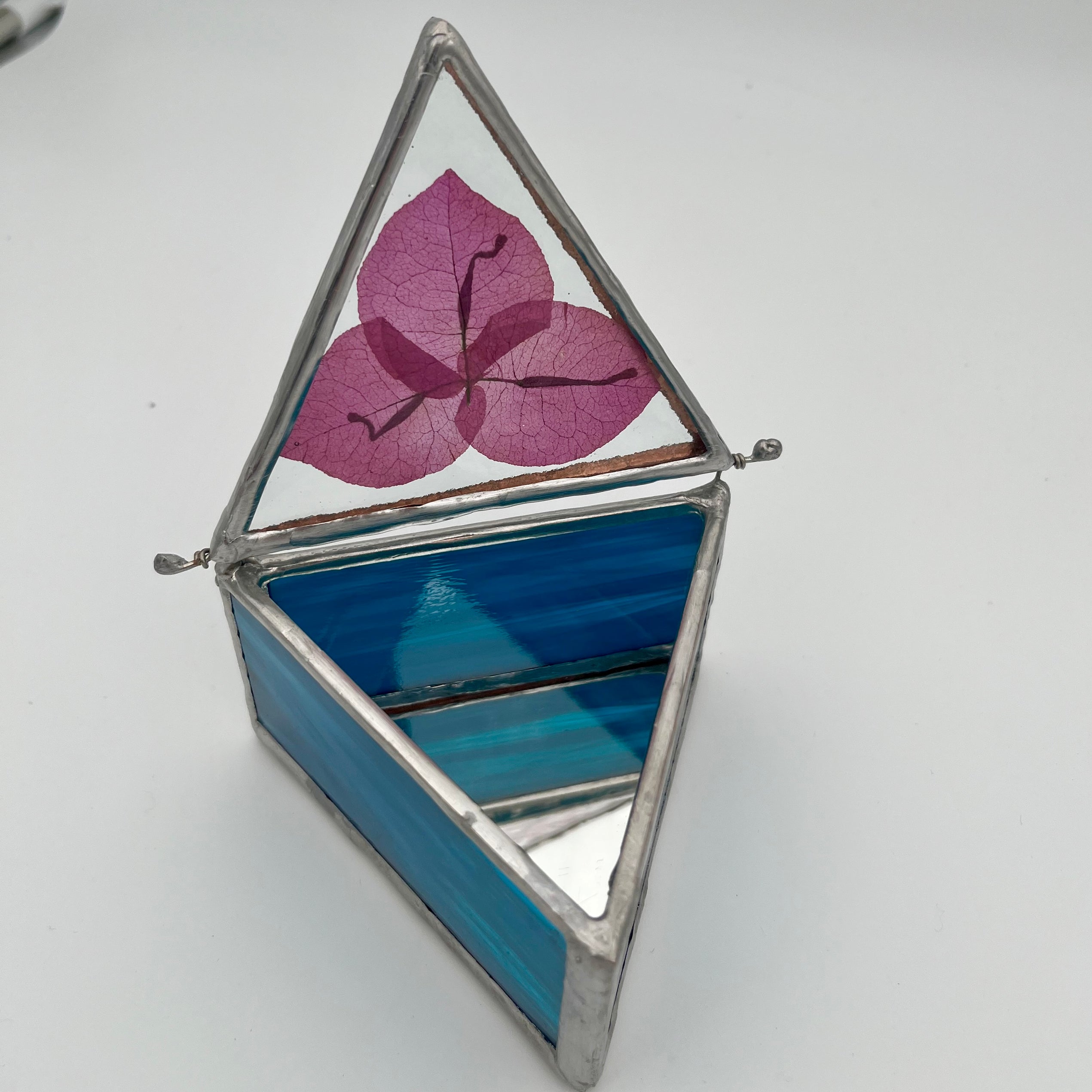 Turquoise Blue and Fuchsia Bouganvillea Stained Glass Jewelry Box