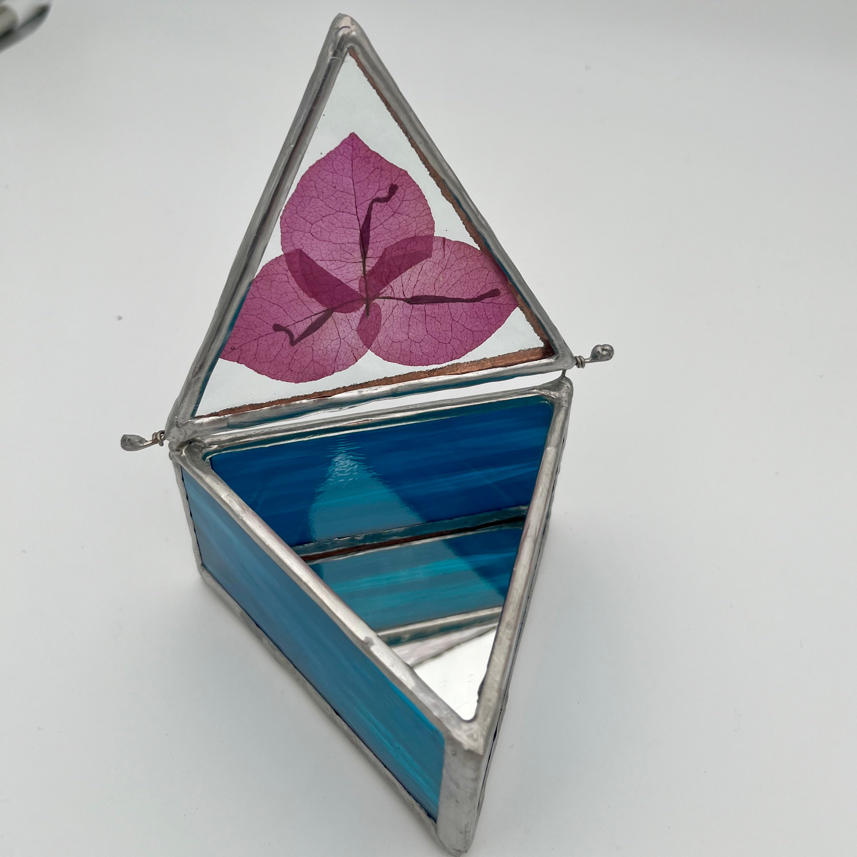 Turquoise Blue and Fuchsia Bouganvillea Stained Glass Jewelry Box
