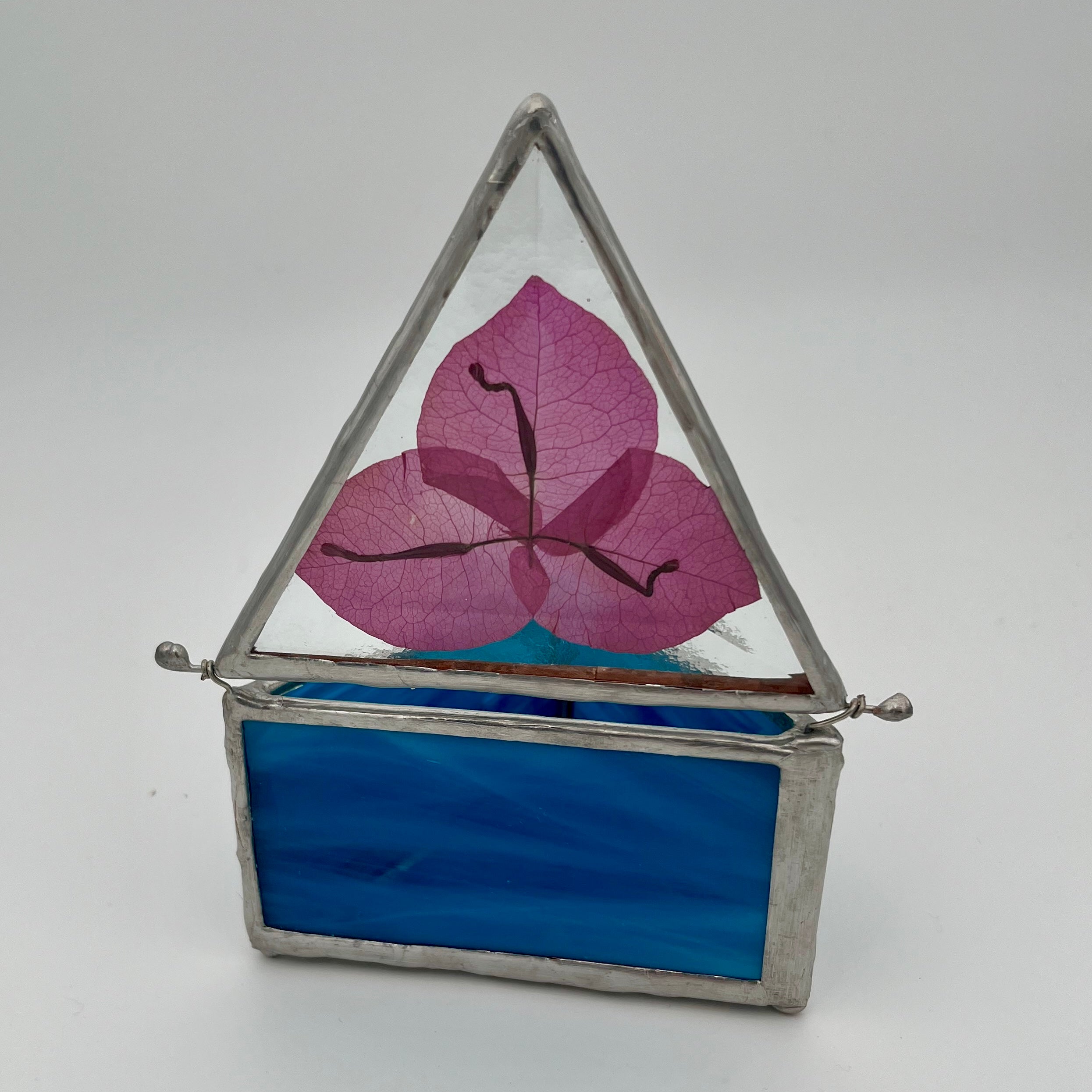 Turquoise Blue and Fuchsia Bouganvillea Stained Glass Jewelry Box