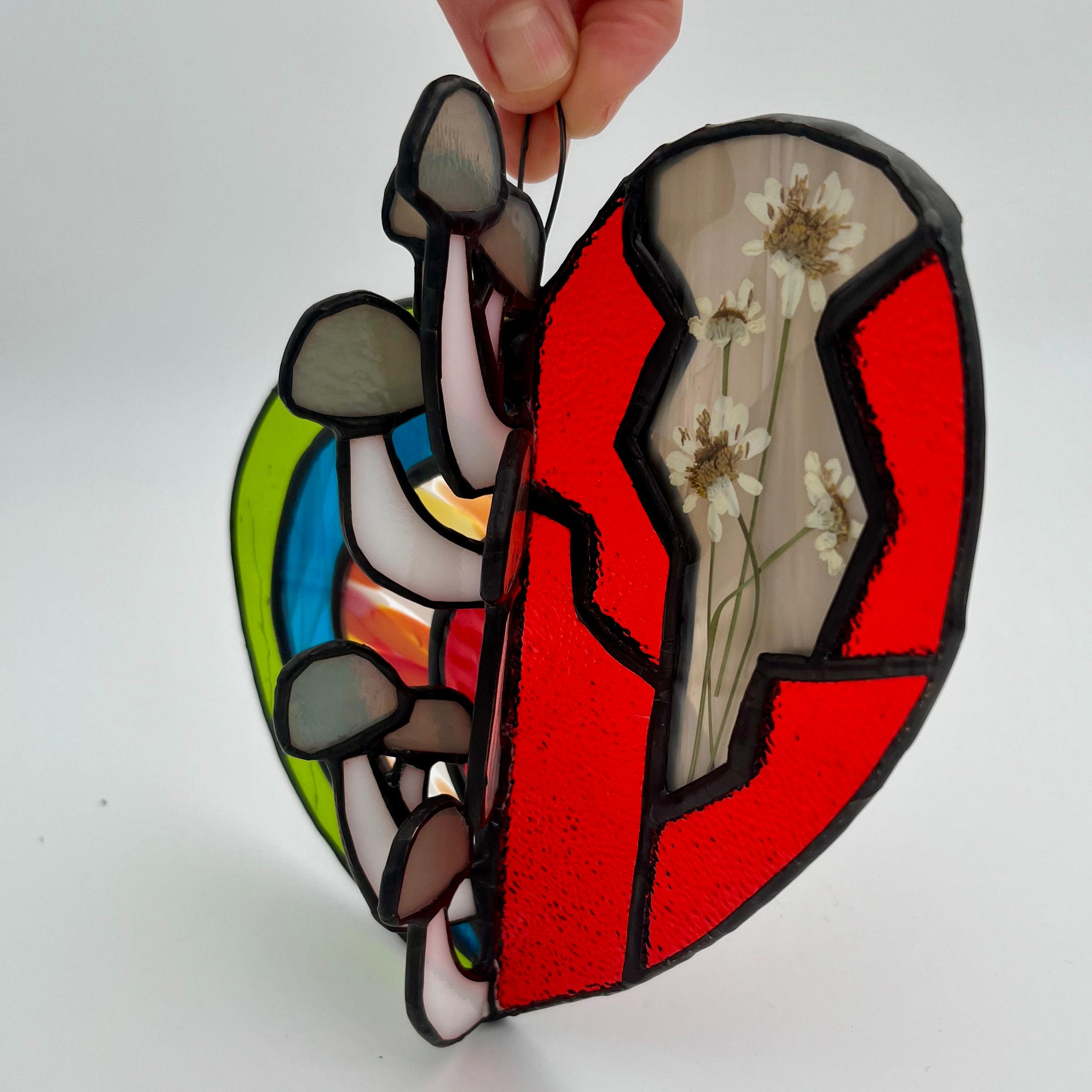 Growth Mushroom Heart Pressed Flower Stained Glass Art
