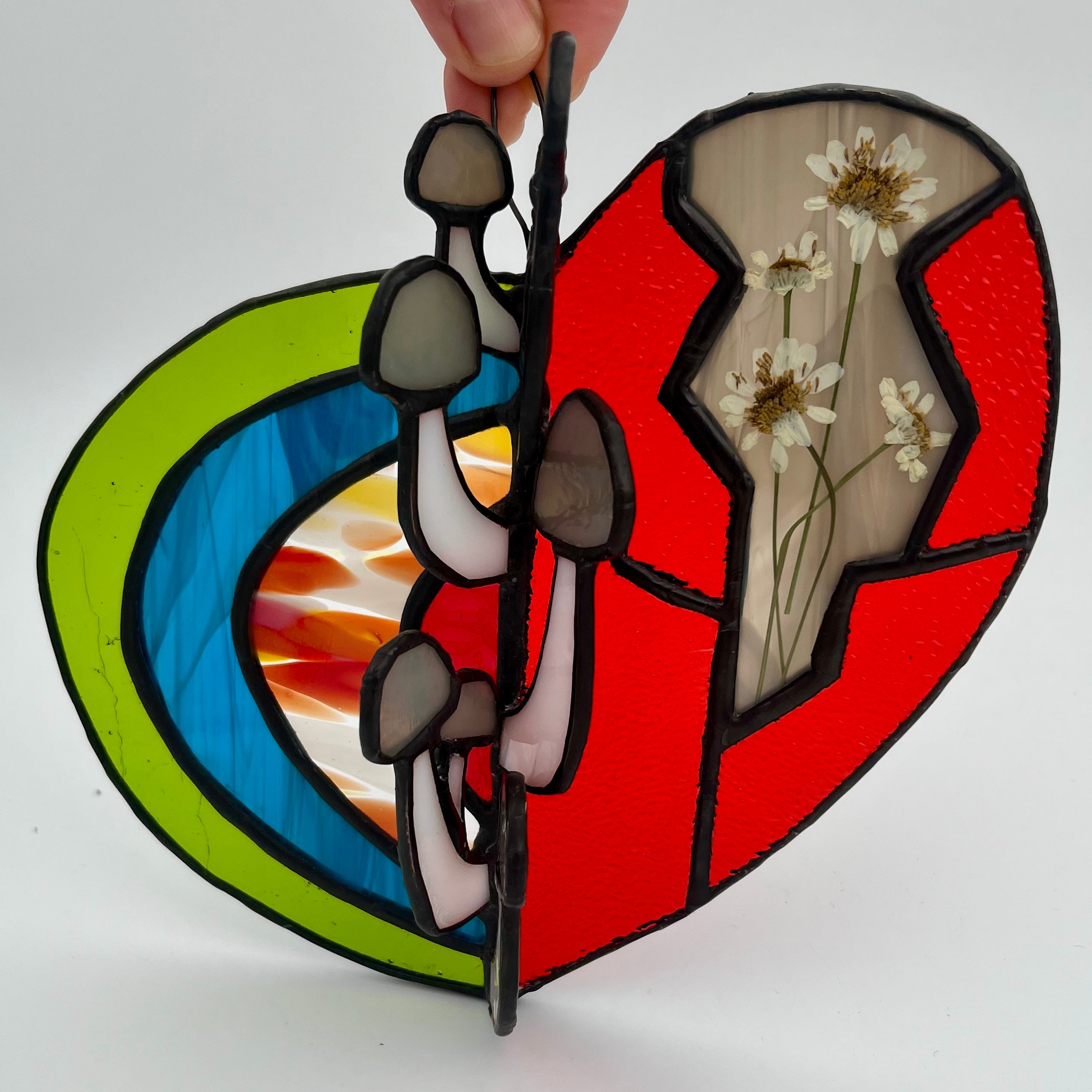 Growth Mushroom Heart Pressed Flower Stained Glass Art