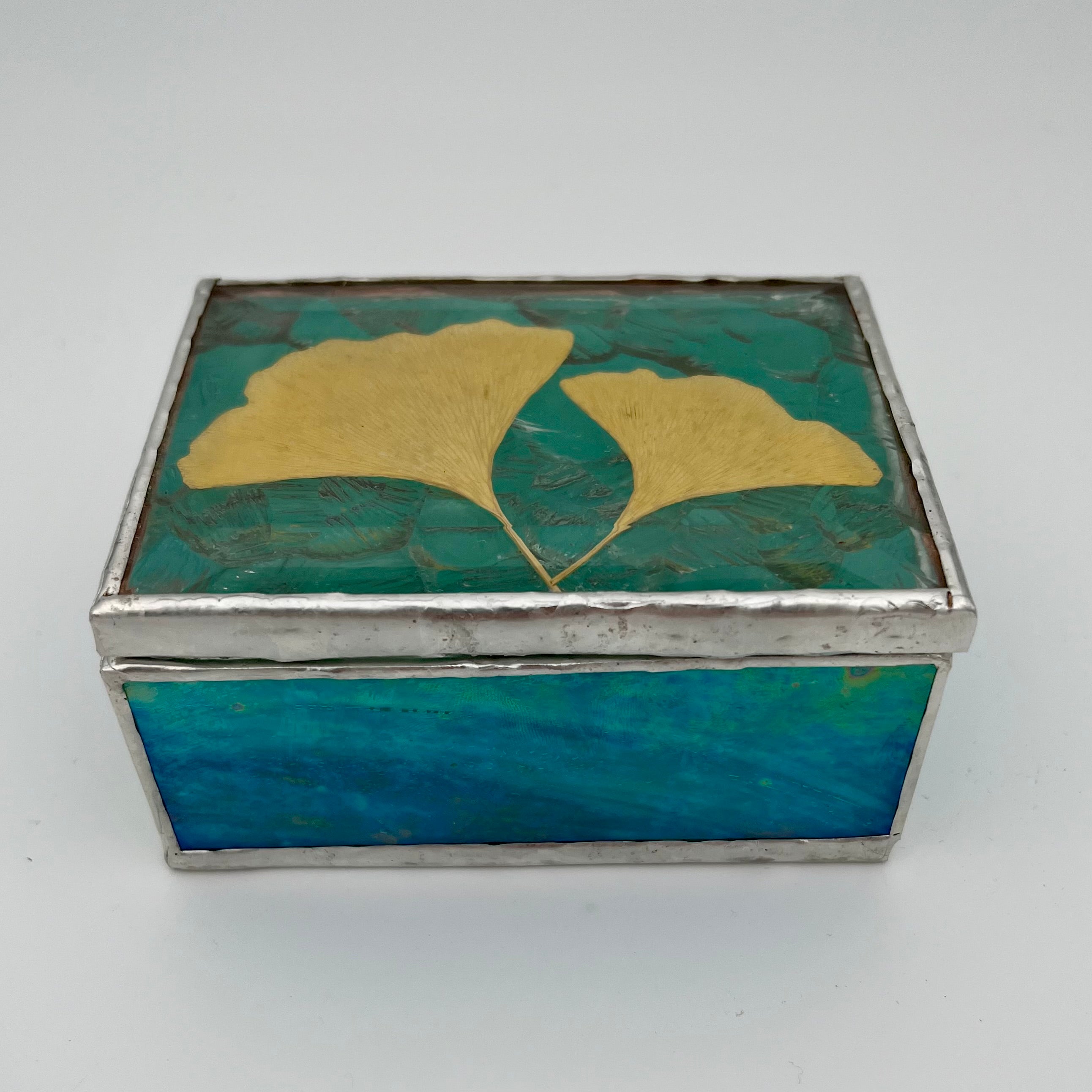Autumn Ginkgo Iridescent Teal Jewelry Box