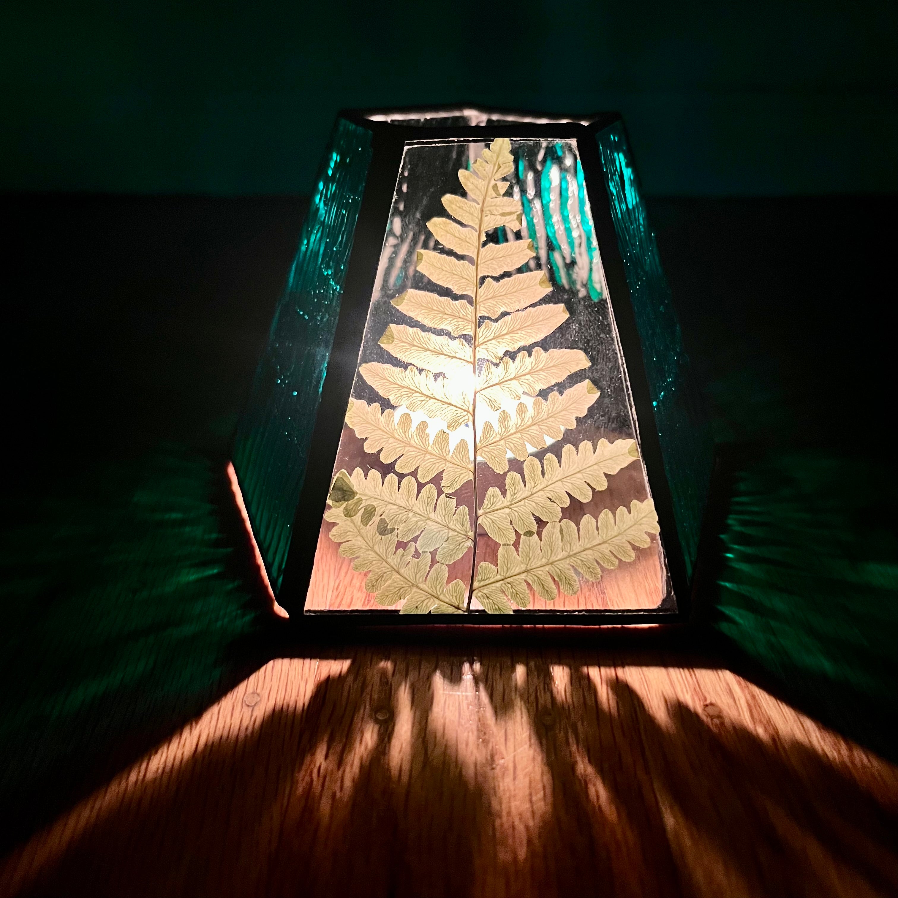 Amy Fern Iridescent Green Stained Glass Candle Lamp