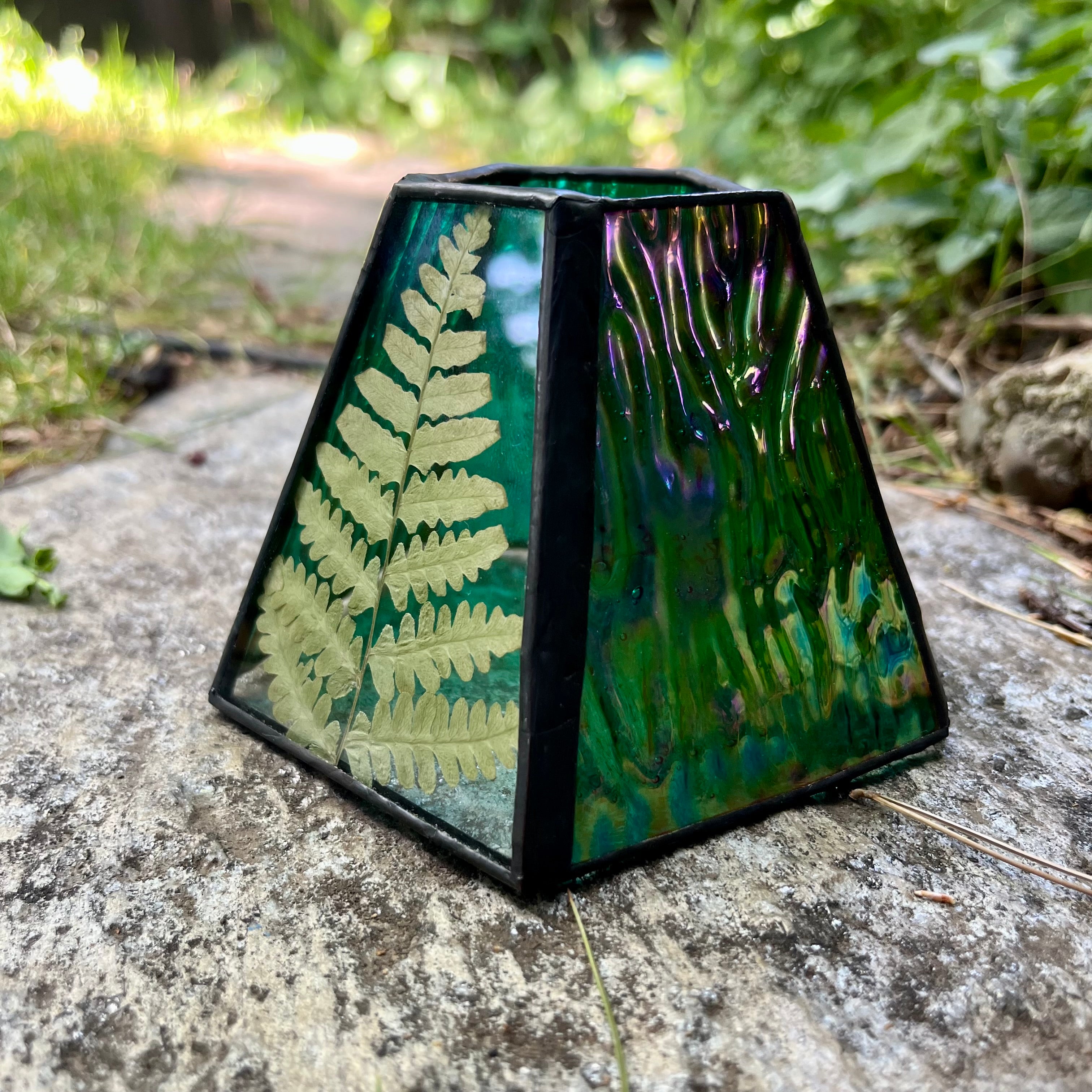 Amy Fern Iridescent Green Stained Glass Candle Lamp